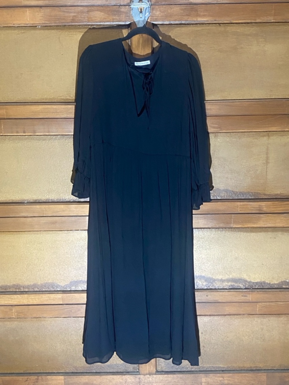 Reformation Black Long-Sleeve Tie-Neck Midi Dress